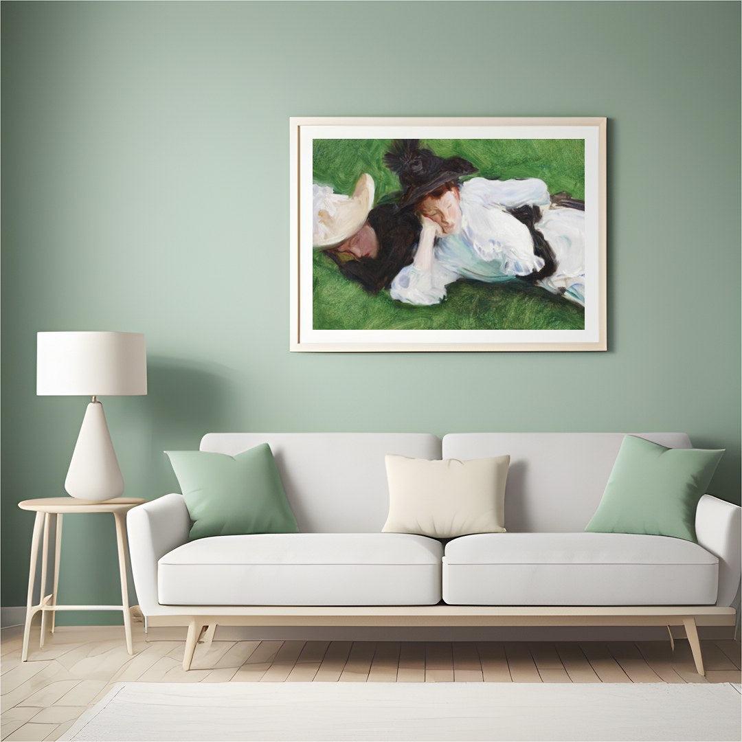A serene depiction of two figures lounging on a lush, green lawn. The elegant brushwork captures for Hall