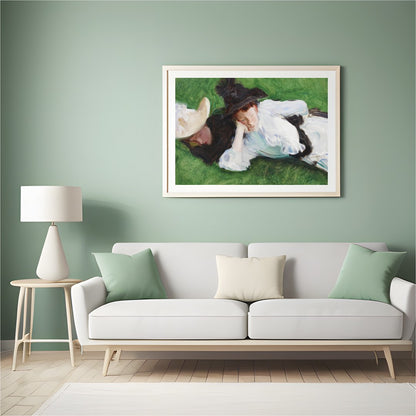 A serene depiction of two figures lounging on a lush, green lawn. The elegant brushwork captures for Hall