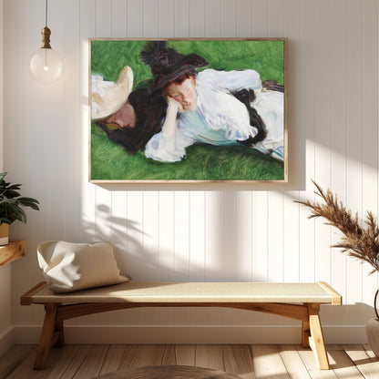 A serene depiction of two figures lounging on a lush, green lawn. The elegant brushwork captures for Hallway