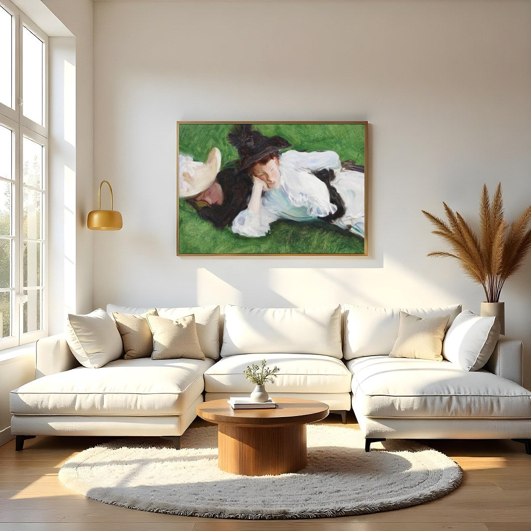 A serene depiction of two figures lounging on a lush, green lawn. The elegant brushwork captures for Living Room