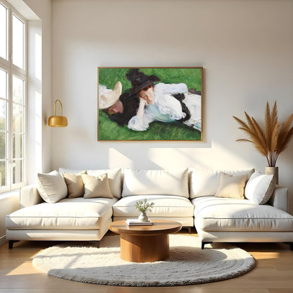 A serene depiction of two figures lounging on a lush, green lawn. The elegant brushwork captures for Living Room