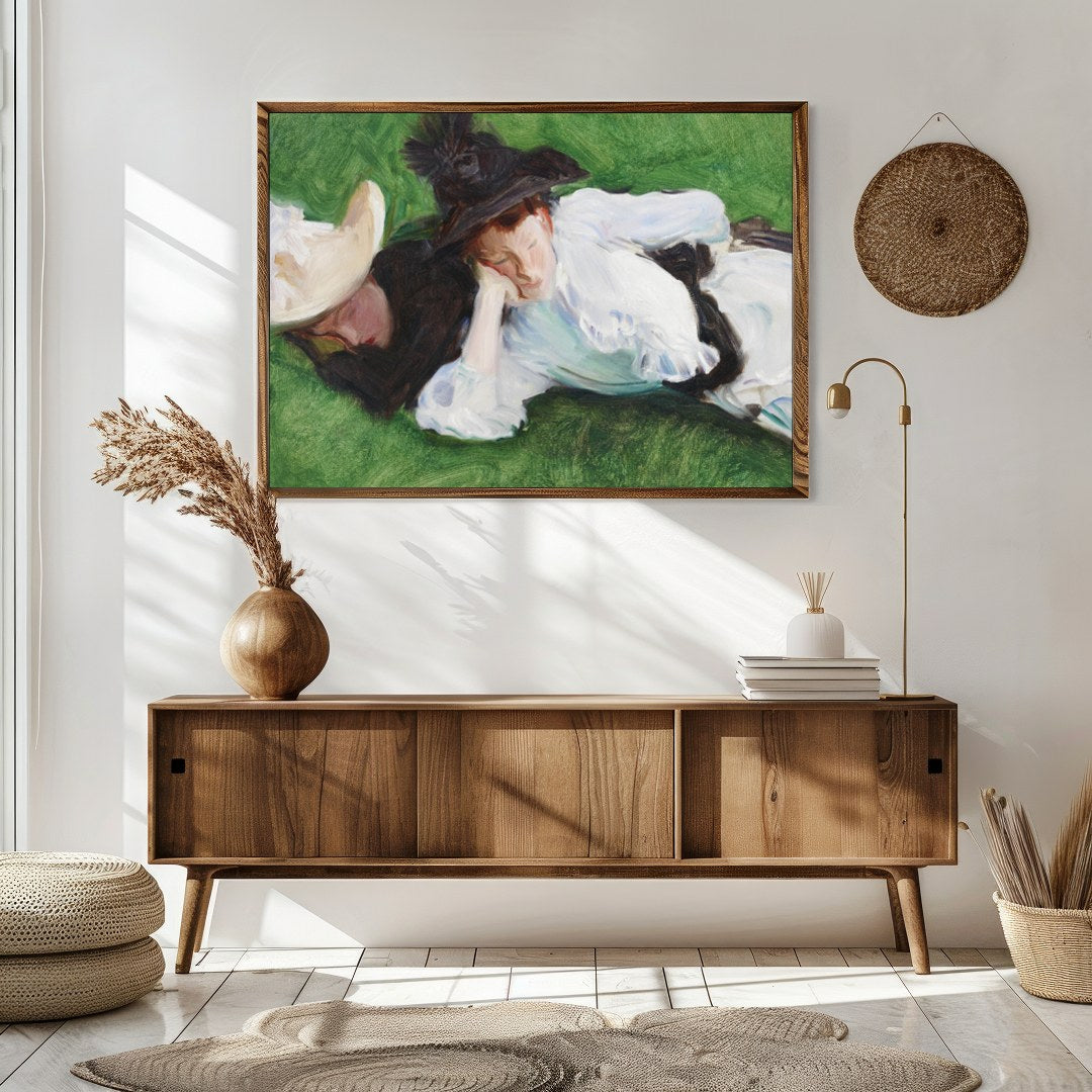 A serene depiction of two figures lounging on a lush, green lawn. The elegant brushwork captures for Sitting Area