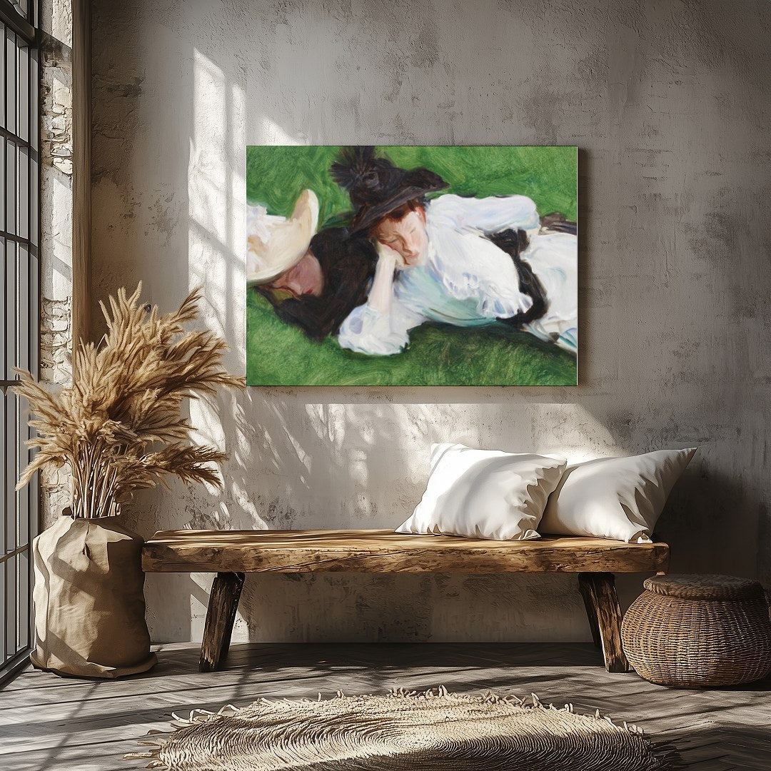 A serene depiction of two figures lounging on a lush, green lawn. The elegant brushwork captures for Veranda