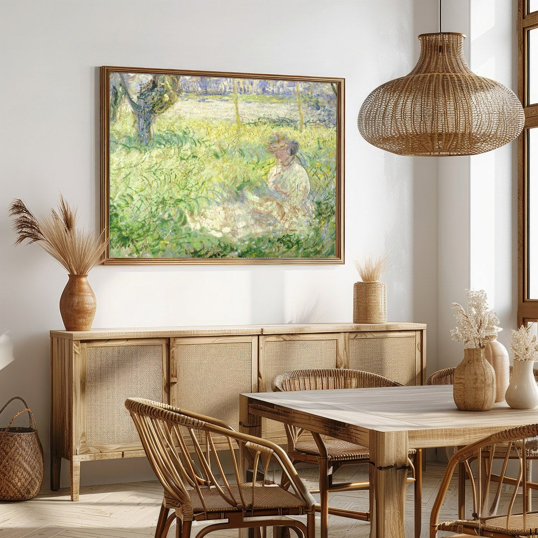 Experience the tranquil charm of this Impressionist masterpiece, capturing a serene woman amidst a for Dining