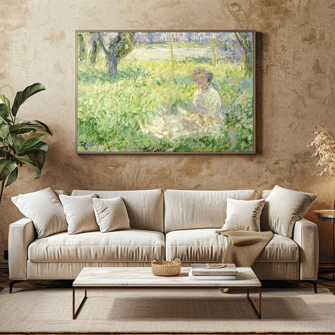 Experience the tranquil charm of this Impressionist masterpiece, capturing a serene woman amidst a for Family Room