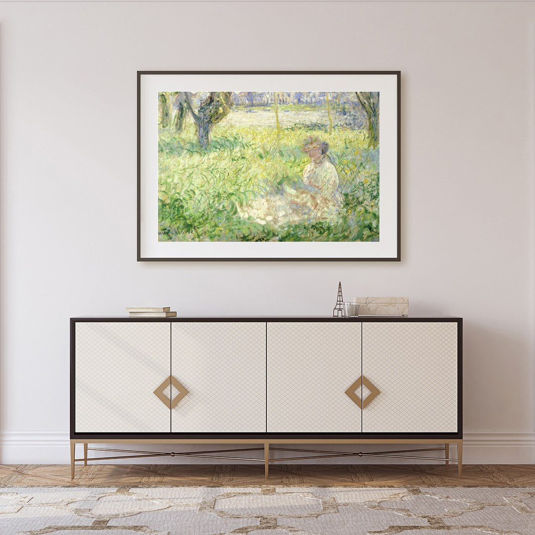 Experience the tranquil charm of this Impressionist masterpiece, capturing a serene woman amidst a for Foyer