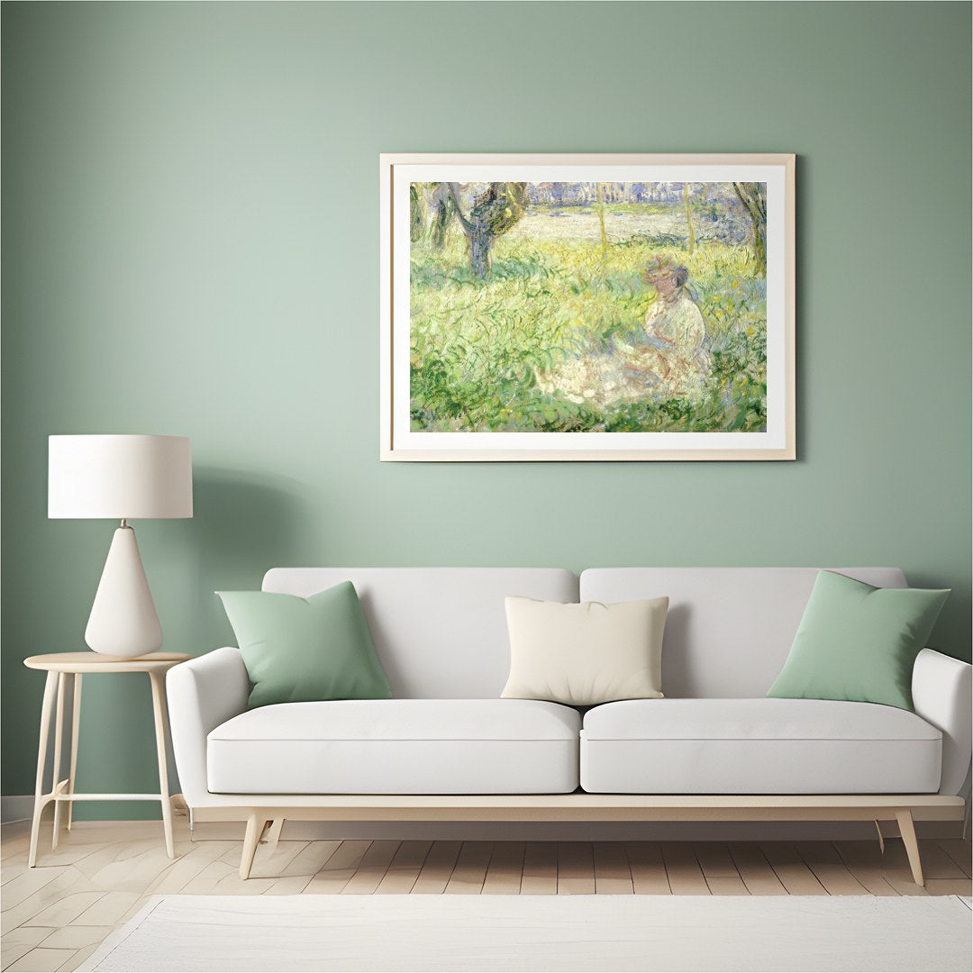 Experience the tranquil charm of this Impressionist masterpiece, capturing a serene woman amidst a for Hall