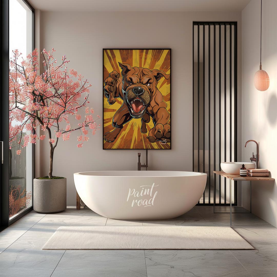 This bold and dynamic cartoon illustration features an aggressive-looking bulldog lunging forward, … for bathroom