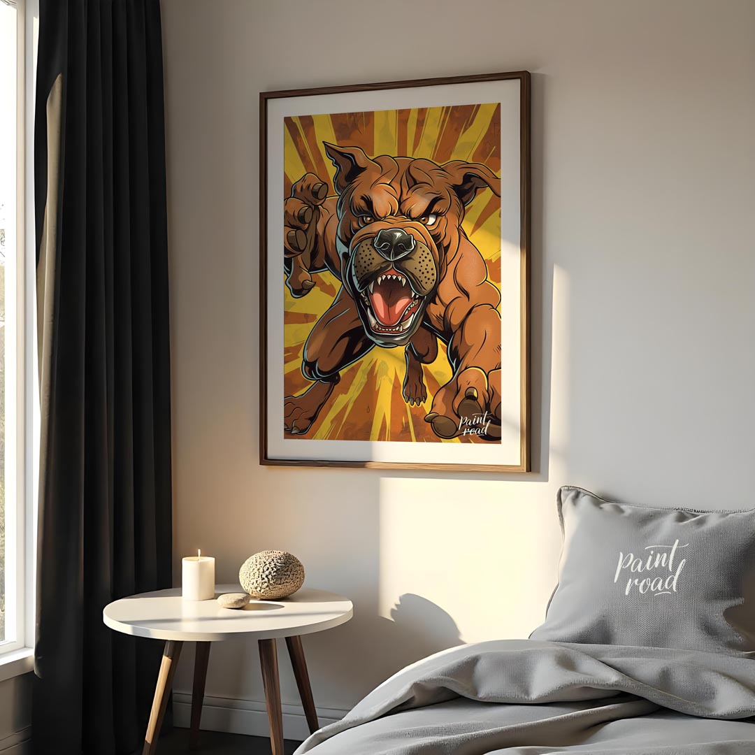 This bold and dynamic cartoon illustration features an aggressive-looking bulldog lunging forward, … for bedroom