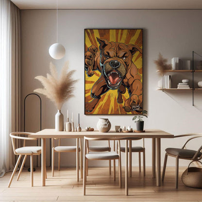 This bold and dynamic cartoon illustration features an aggressive-looking bulldog lunging forward, … for dining room
