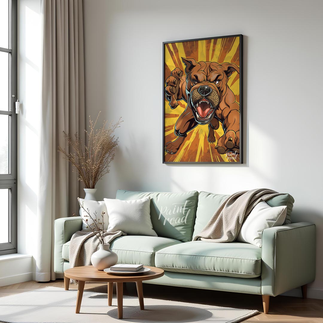 This bold and dynamic cartoon illustration features an aggressive-looking bulldog lunging forward, … for living room