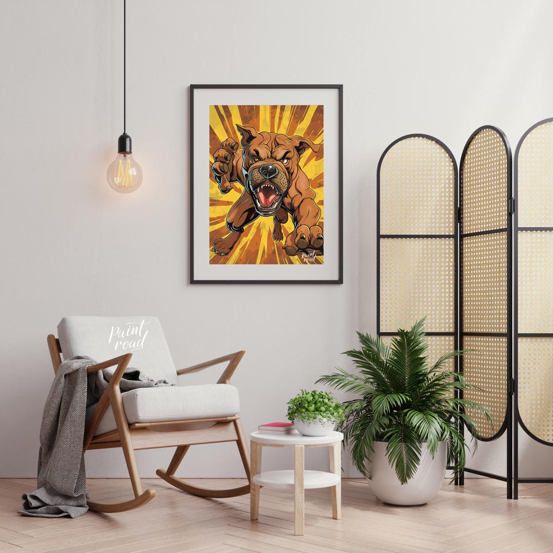 This bold and dynamic cartoon illustration features an aggressive-looking bulldog lunging forward, … for living room