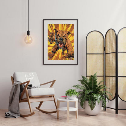This bold and dynamic cartoon illustration features an aggressive-looking bulldog lunging forward, … for living room