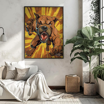 This bold and dynamic cartoon illustration features an aggressive-looking bulldog lunging forward, … for living room