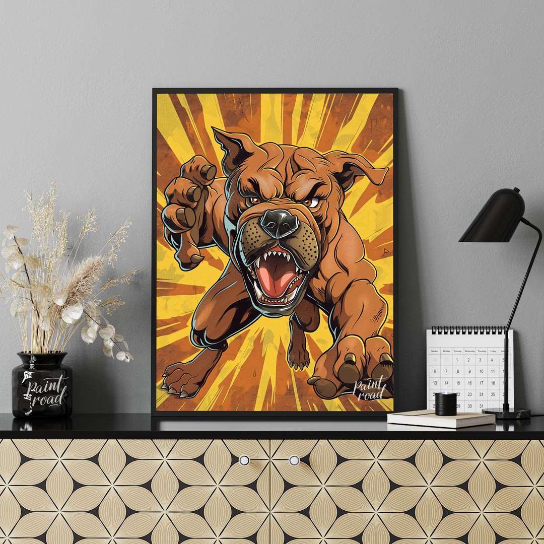 This bold and dynamic cartoon illustration features an aggressive-looking bulldog lunging forward, … for office