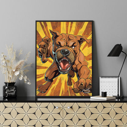 This bold and dynamic cartoon illustration features an aggressive-looking bulldog lunging forward, … for office