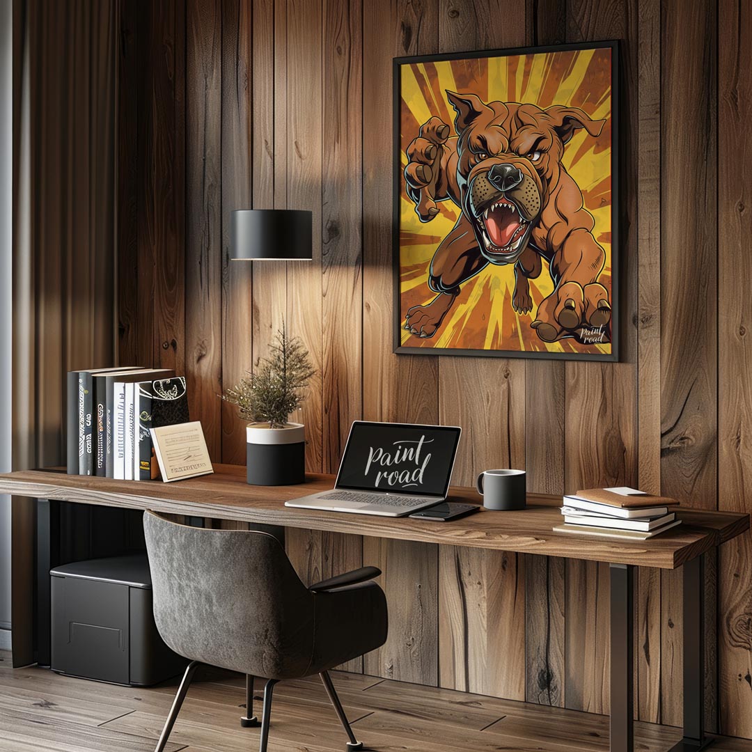 This bold and dynamic cartoon illustration features an aggressive-looking bulldog lunging forward, … for office