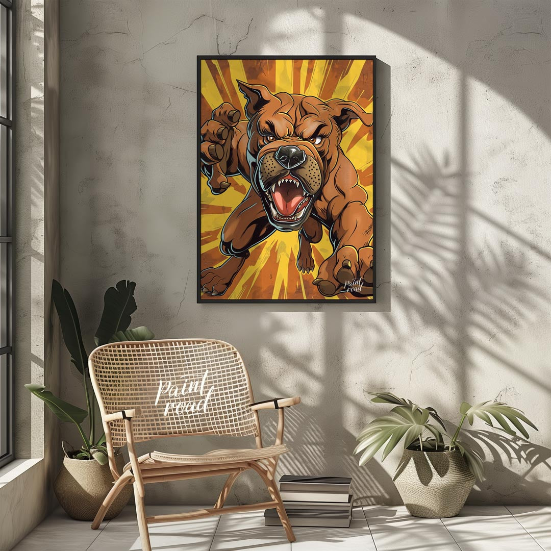 This bold and dynamic cartoon illustration features an aggressive-looking bulldog lunging forward, … for other