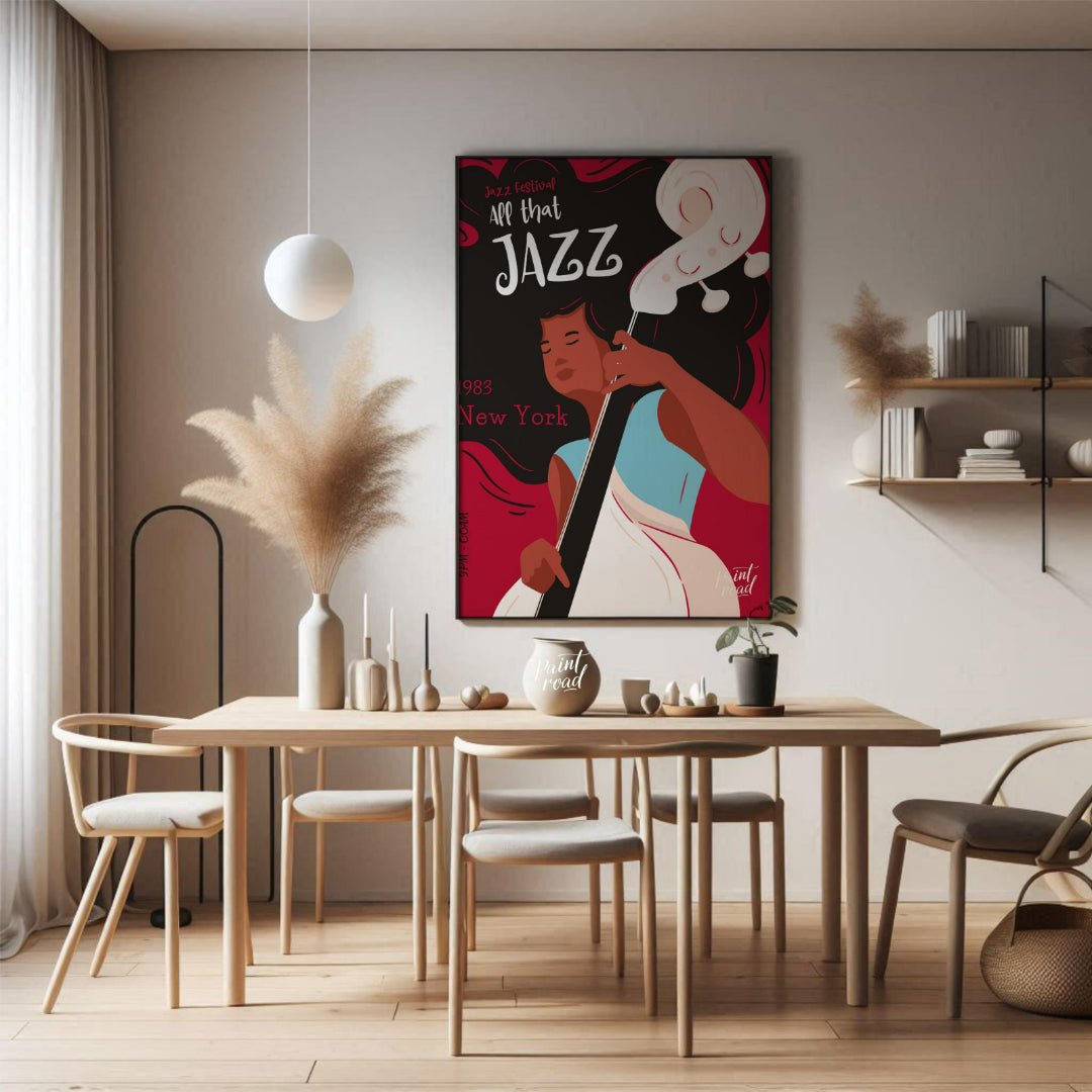 This stylish and energetic poster advertises a “Jazz Festival” with the bold title “APP that JAZZ”.… for dining room