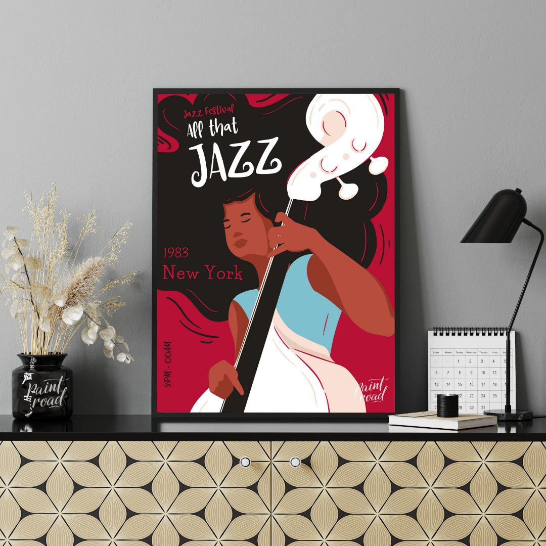 This stylish and energetic poster advertises a “Jazz Festival” with the bold title “APP that JAZZ”.… for living room