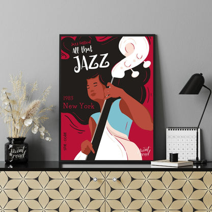 This stylish and energetic poster advertises a “Jazz Festival” with the bold title “APP that JAZZ”.… for living room