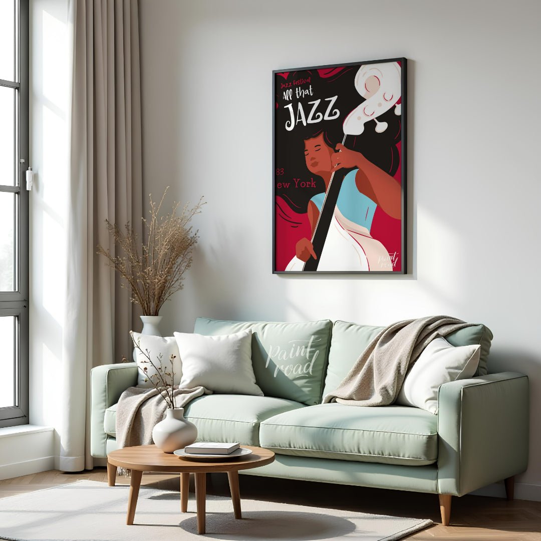 This stylish and energetic poster advertises a “Jazz Festival” with the bold title “APP that JAZZ”.… for living room