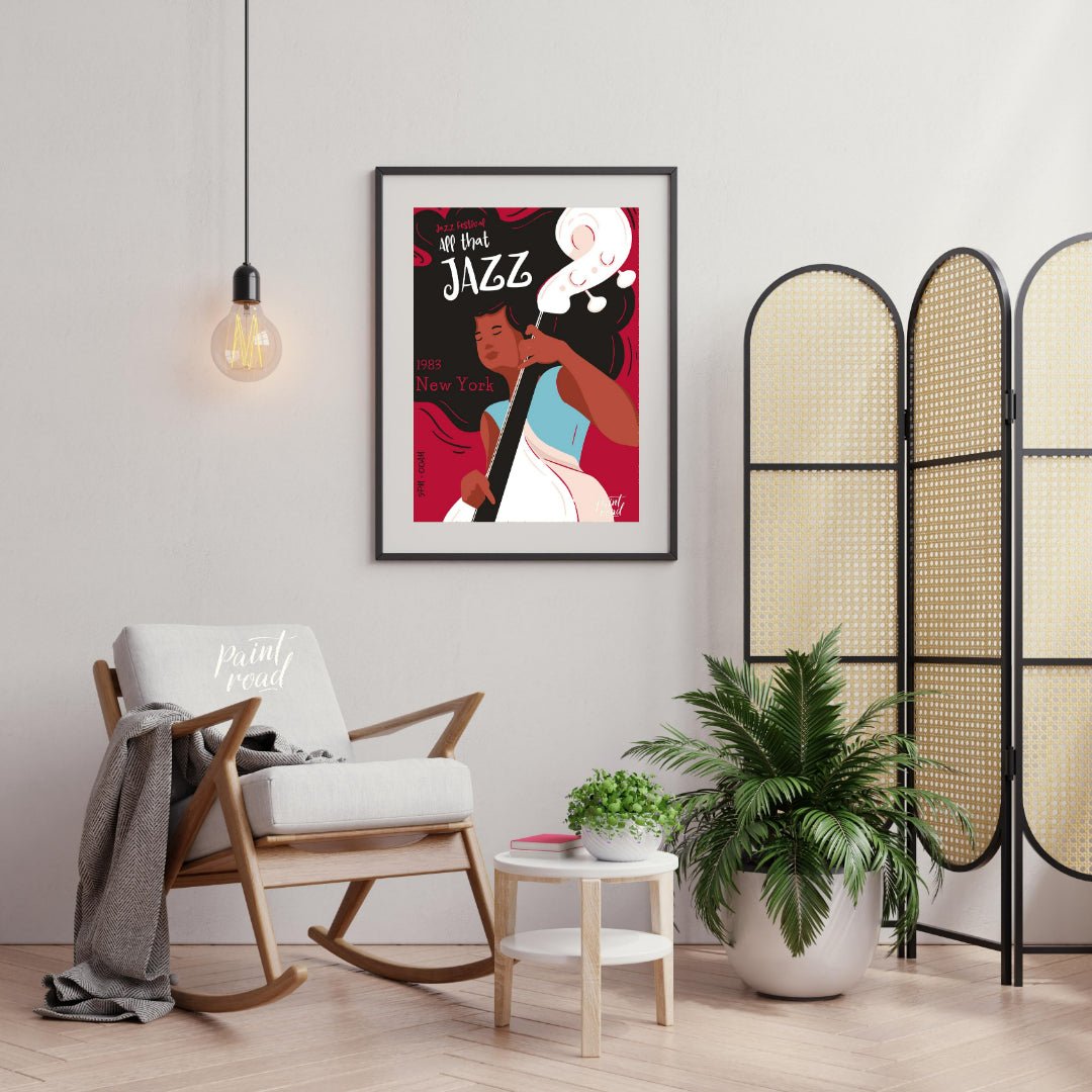 This stylish and energetic poster advertises a “Jazz Festival” with the bold title “APP that JAZZ”.… for living room