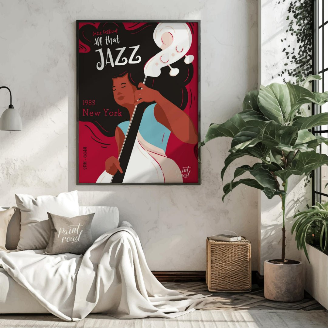 This stylish and energetic poster advertises a “Jazz Festival” with the bold title “APP that JAZZ”.… for living room