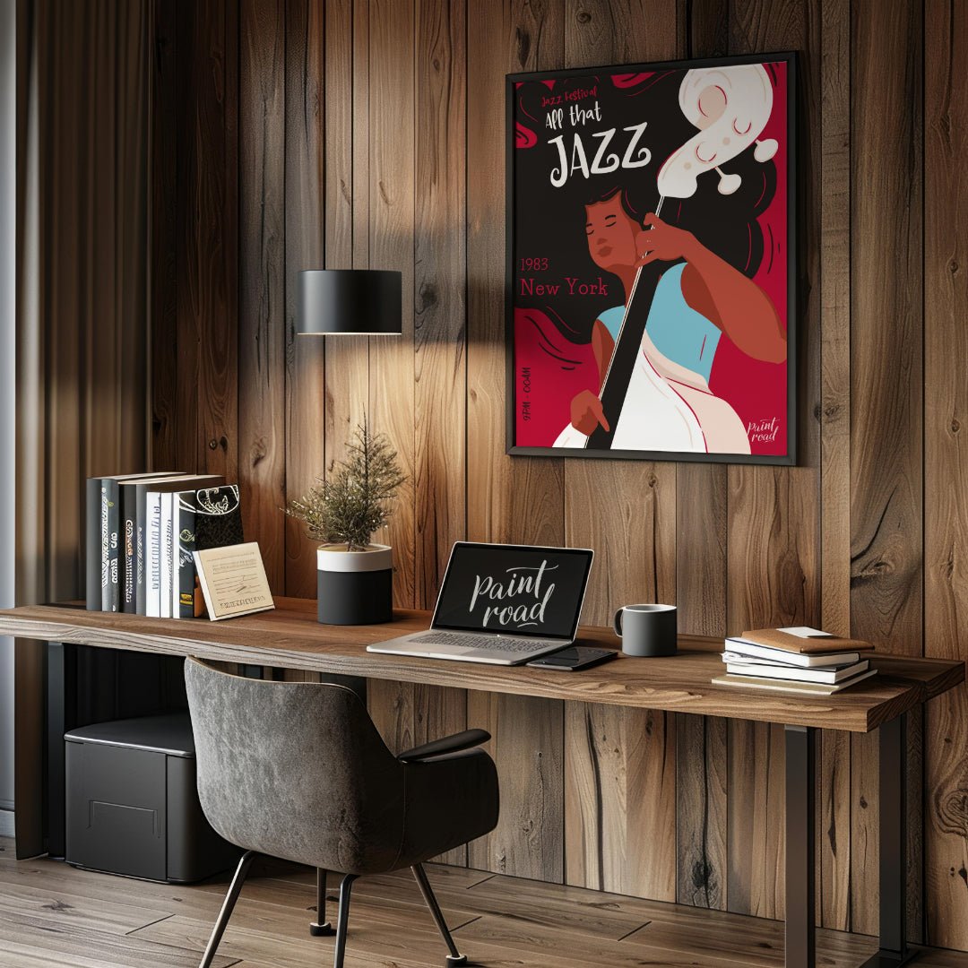 This stylish and energetic poster advertises a “Jazz Festival” with the bold title “APP that JAZZ”.… for office