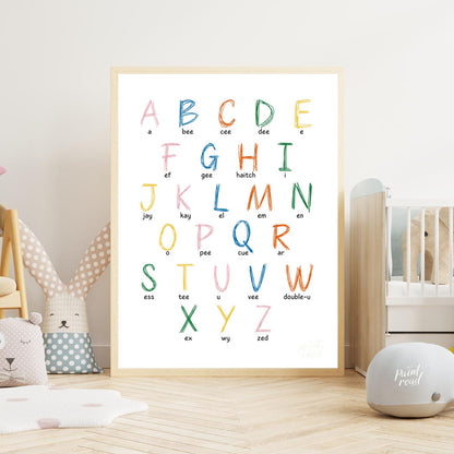 This vibrant and highly practical educational poster presents the full English alphabet, with each … for nursery