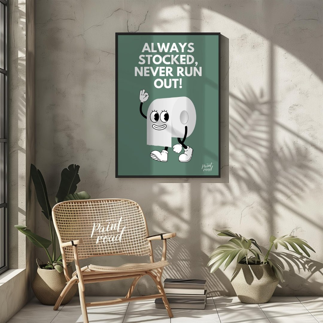 This humorous and practical graphic poster features a playful cartoon depiction of a roll of toilet… for bathroom