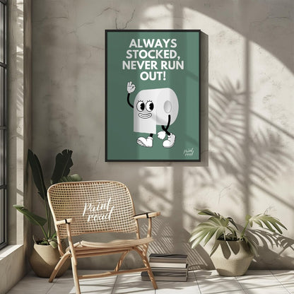 This humorous and practical graphic poster features a playful cartoon depiction of a roll of toilet… for bathroom