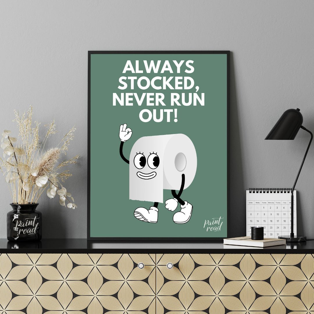 This humorous and practical graphic poster features a playful cartoon depiction of a roll of toilet… for bathroom