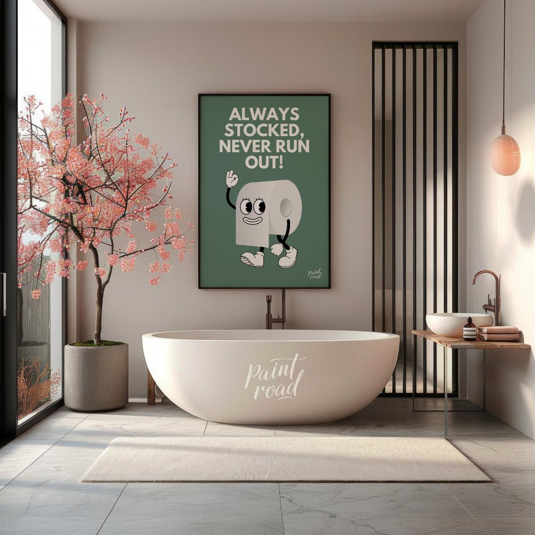 This humorous and practical graphic poster features a playful cartoon depiction of a roll of toilet… for bathroom
