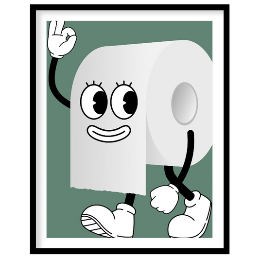 This humorous and practical graphic poster features a playful cartoon depiction of a roll of toilet… for house