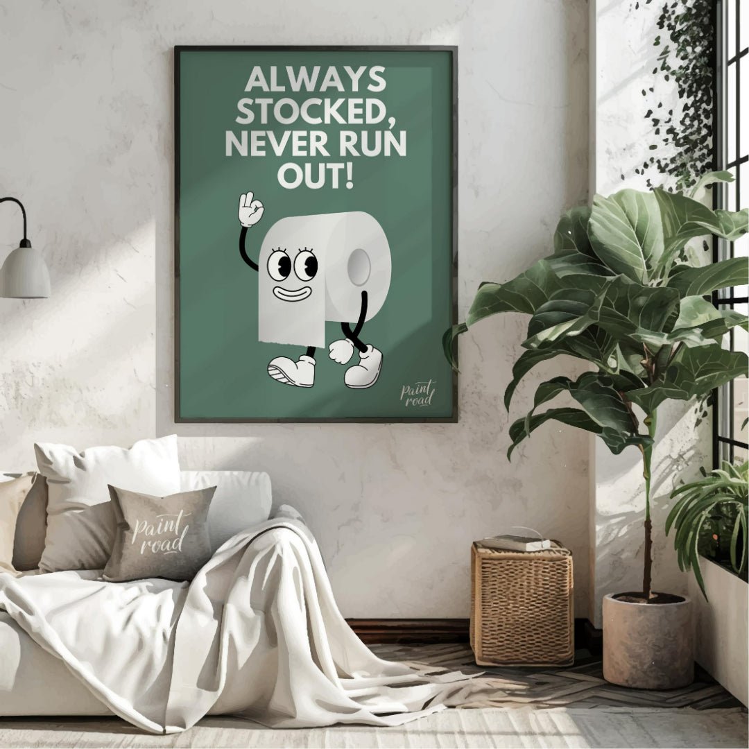 This humorous and practical graphic poster features a playful cartoon depiction of a roll of toilet… for living room