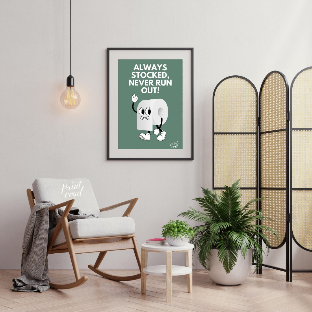 This humorous and practical graphic poster features a playful cartoon depiction of a roll of toilet… for living room