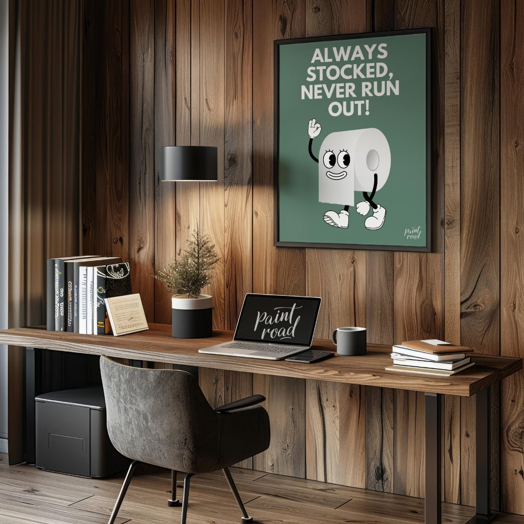 This humorous and practical graphic poster features a playful cartoon depiction of a roll of toilet… for office