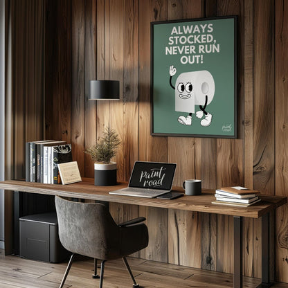 This humorous and practical graphic poster features a playful cartoon depiction of a roll of toilet… for office