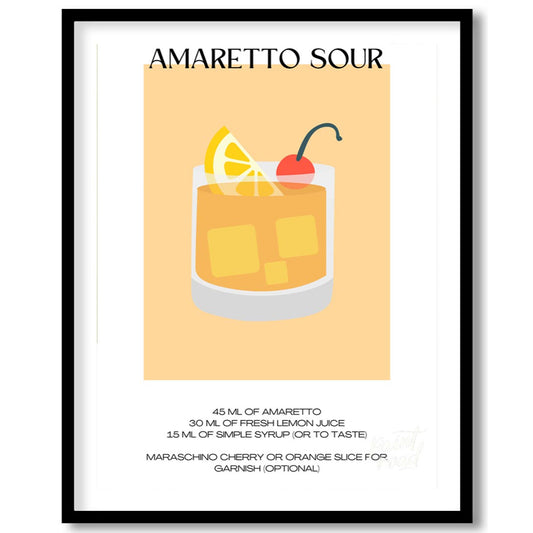This stylish poster presents a minimalist yet inviting illustration of an Amaretto Sour cocktail se… for home