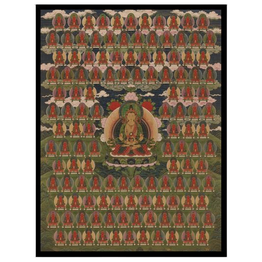 Dive into serenity with this stunning Thangka art print showcasing Amitabha surrounded by a hundred for lovely-house