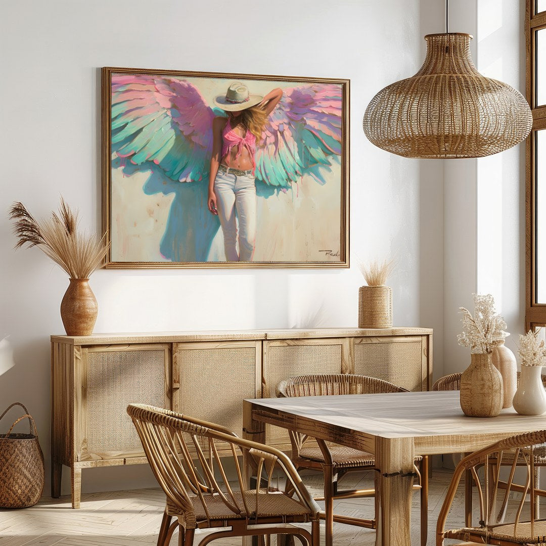 Experience the ethereal beauty of this captivating artwork featuring a serene figure with for Dining