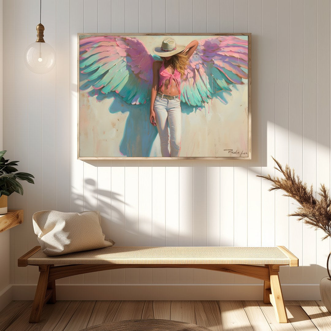 Experience the ethereal beauty of this captivating artwork featuring a serene figure with for Hallway