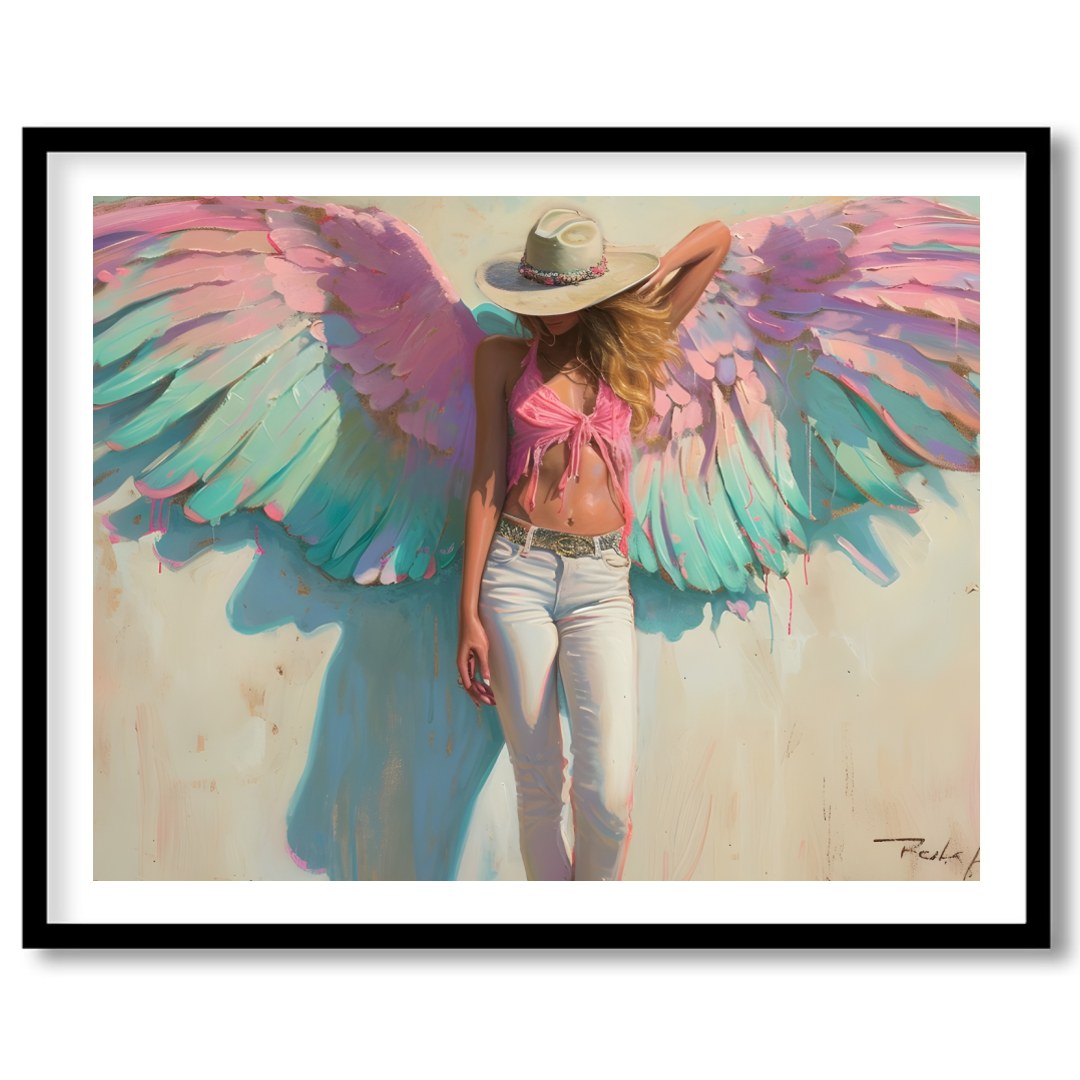 Experience the ethereal beauty of this captivating artwork featuring a serene figure with for space
