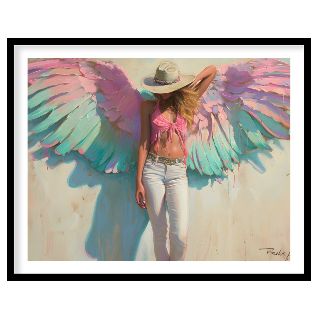 Experience the ethereal beauty of this captivating artwork featuring a serene figure with for space