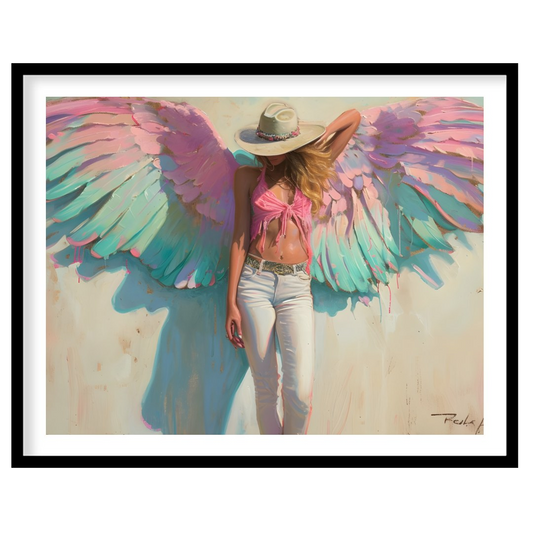 Experience the ethereal beauty of this captivating artwork featuring a serene figure with for space