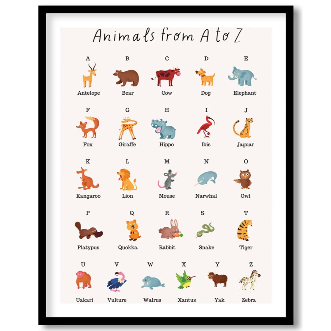 This comprehensive and vibrant educational poster, titled "Animals from A to Z," provides a delight… for abode