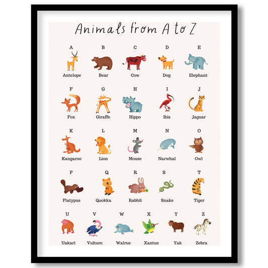 This comprehensive and vibrant educational poster, titled "Animals from A to Z," provides a delight… for abode