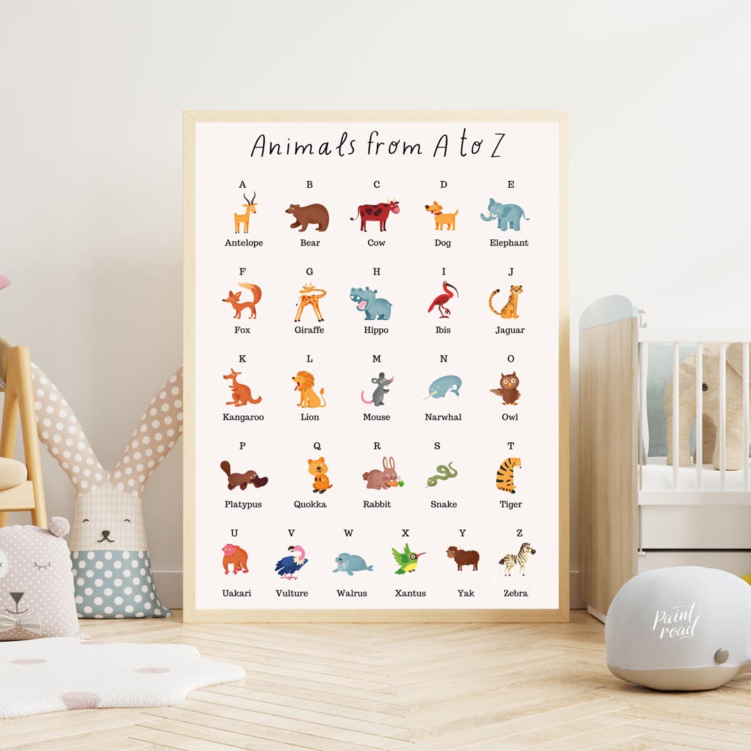 This comprehensive and vibrant educational poster, titled "Animals from A to Z," provides a delight… for nursery