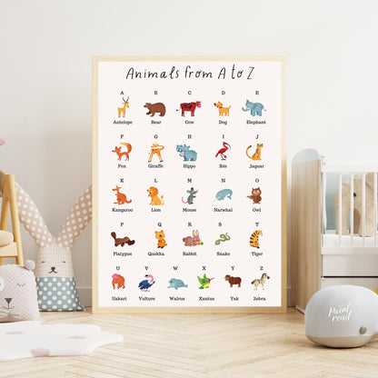 This comprehensive and vibrant educational poster, titled "Animals from A to Z," provides a delight… for nursery